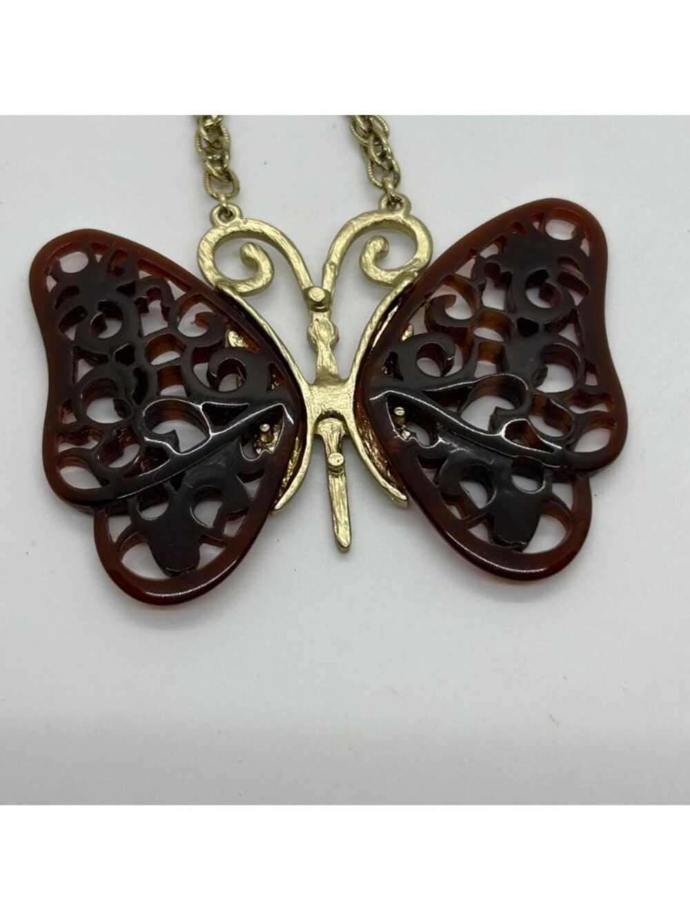 Vintage Anthropologie Butterfly Pendant Necklace Brown Filigree Wings Gold-Tone - Picture 11 of 15